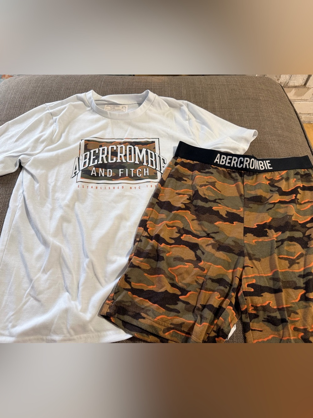 abercrombie kids White Tee with Orange & Green Camo Pajama Set